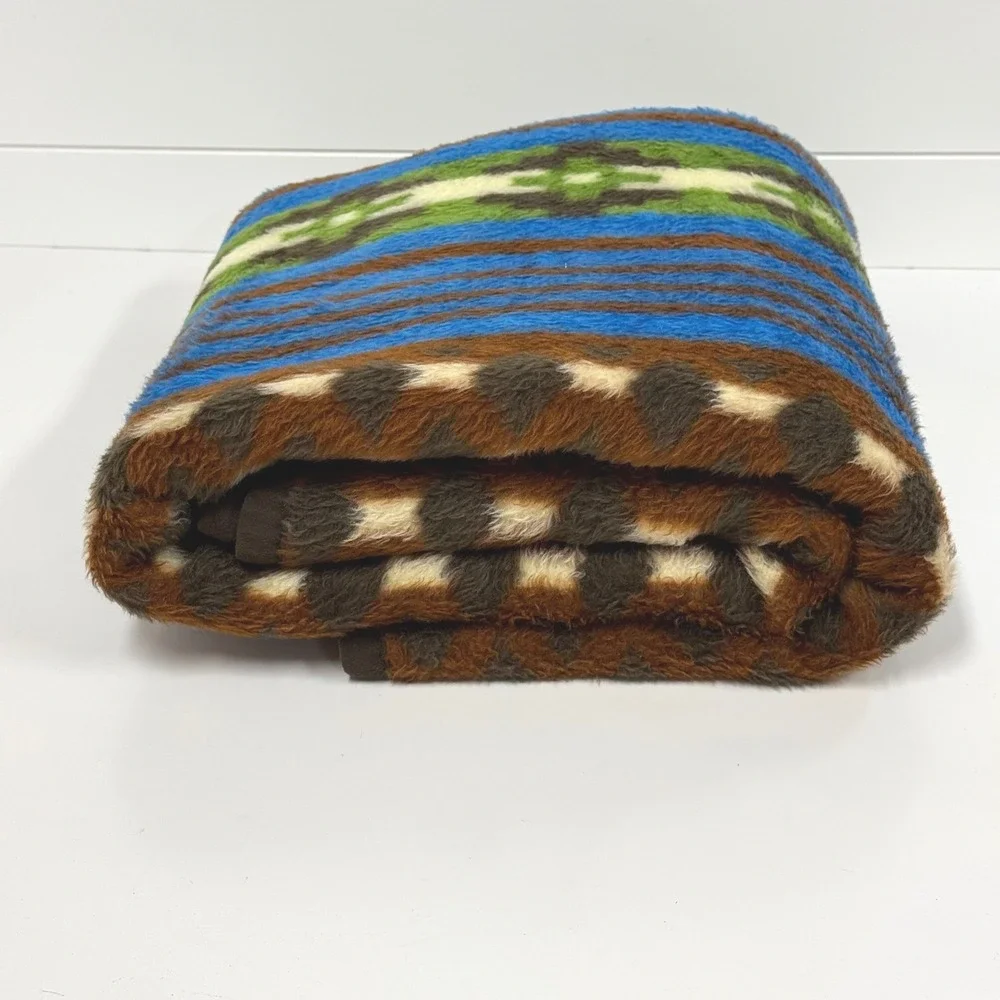 Vintage Biederlack Southwestern Aztec Geometric Blanket Blue Green West Germany